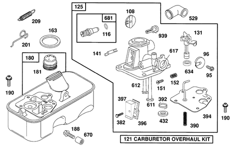 Carburetor Assembly Fuel Tank Diagram and Parts List for 93902-0225-01  Briggs and Stratton Engine